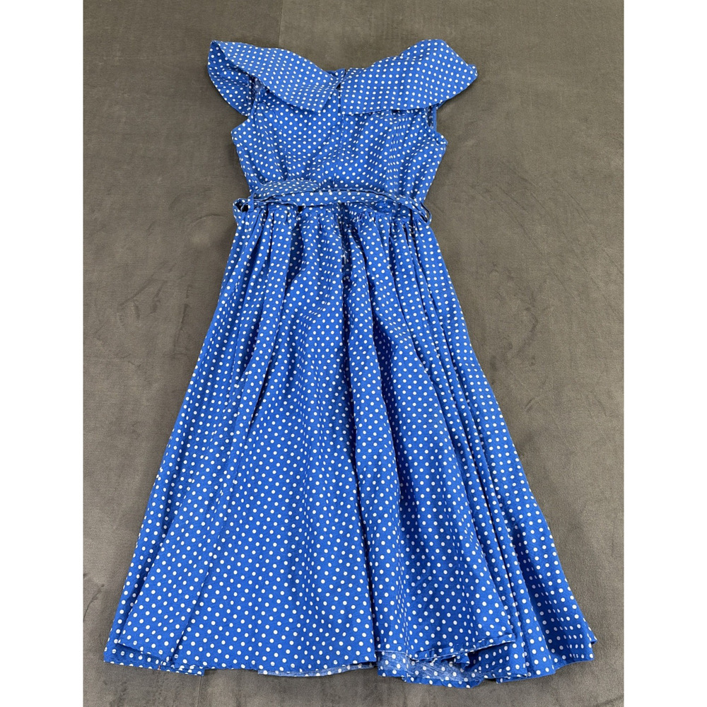 2) Lindy Bop Womens Fit N Flare Dress Small Blue & Red Polka Dots Rockabilly - Picture 10 of 11